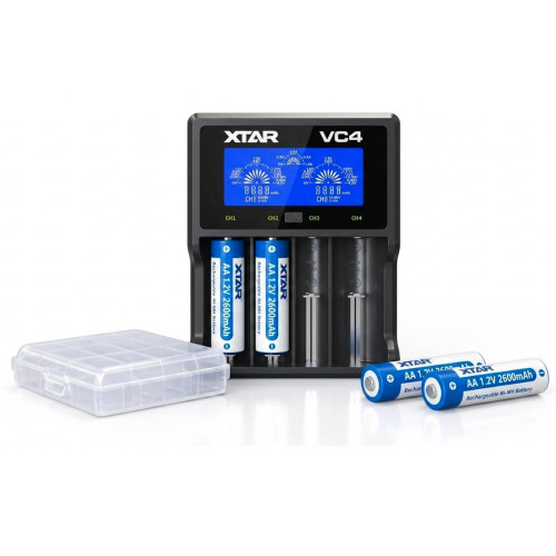 XTAR VC4 Cargador Inteligente LCD + 4 Baterías AA Recargables Ni-MH 2600mAh