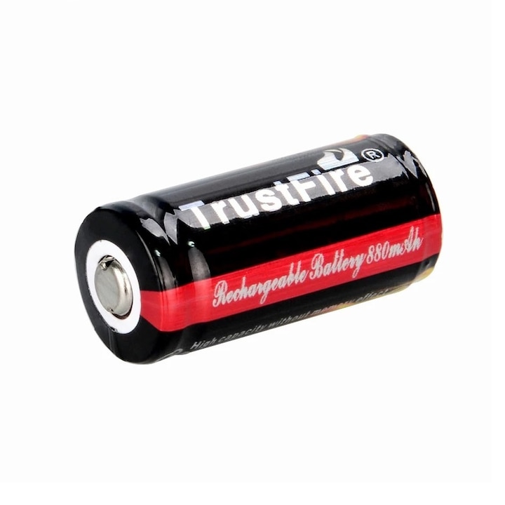 Side view of Trustfire 16340 CR123A 880mAh 3.7V Li-Ion rechargeable battery with protection