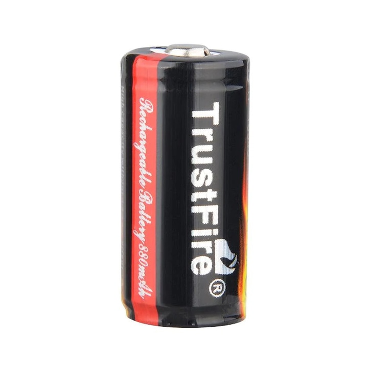 Front view of Trustfire 16340 CR123A 3.7V 880mAh Li-Ion rechargeable battery with PCB protection