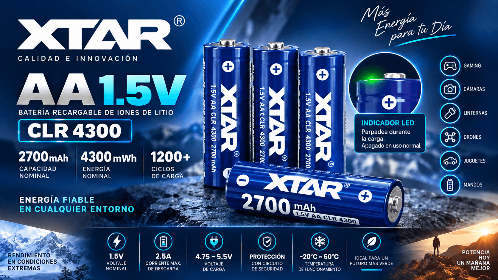 XTAR AA 1.5V 2700mAh 4300mWh CLR 4300 Baterías Recargables Li-Ion - Nueva tecnología
