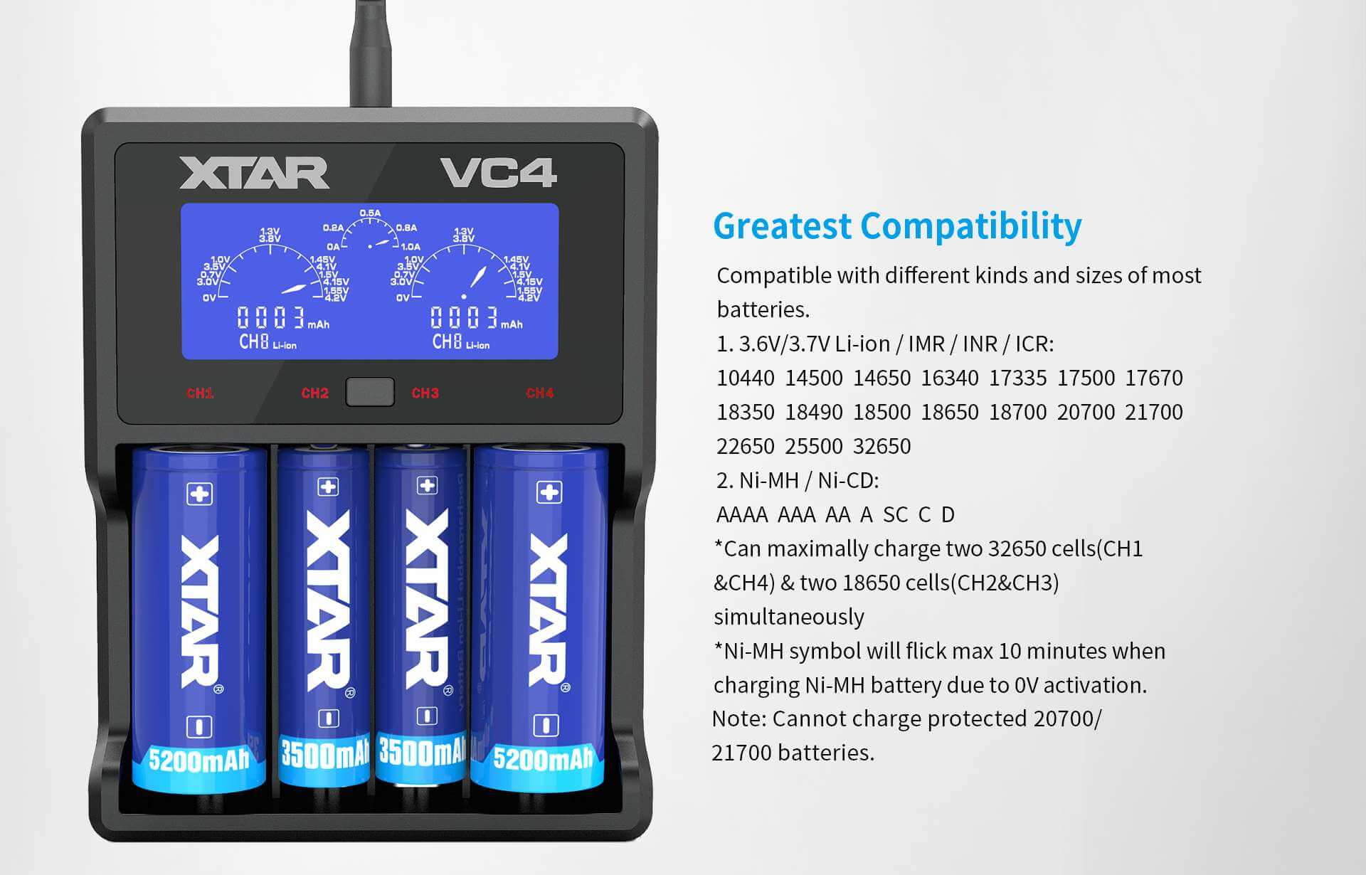 XTAR VC4 cargador inteligente LCD con 4 baterías AA recargables XTAR 2600mAh y accesorios
