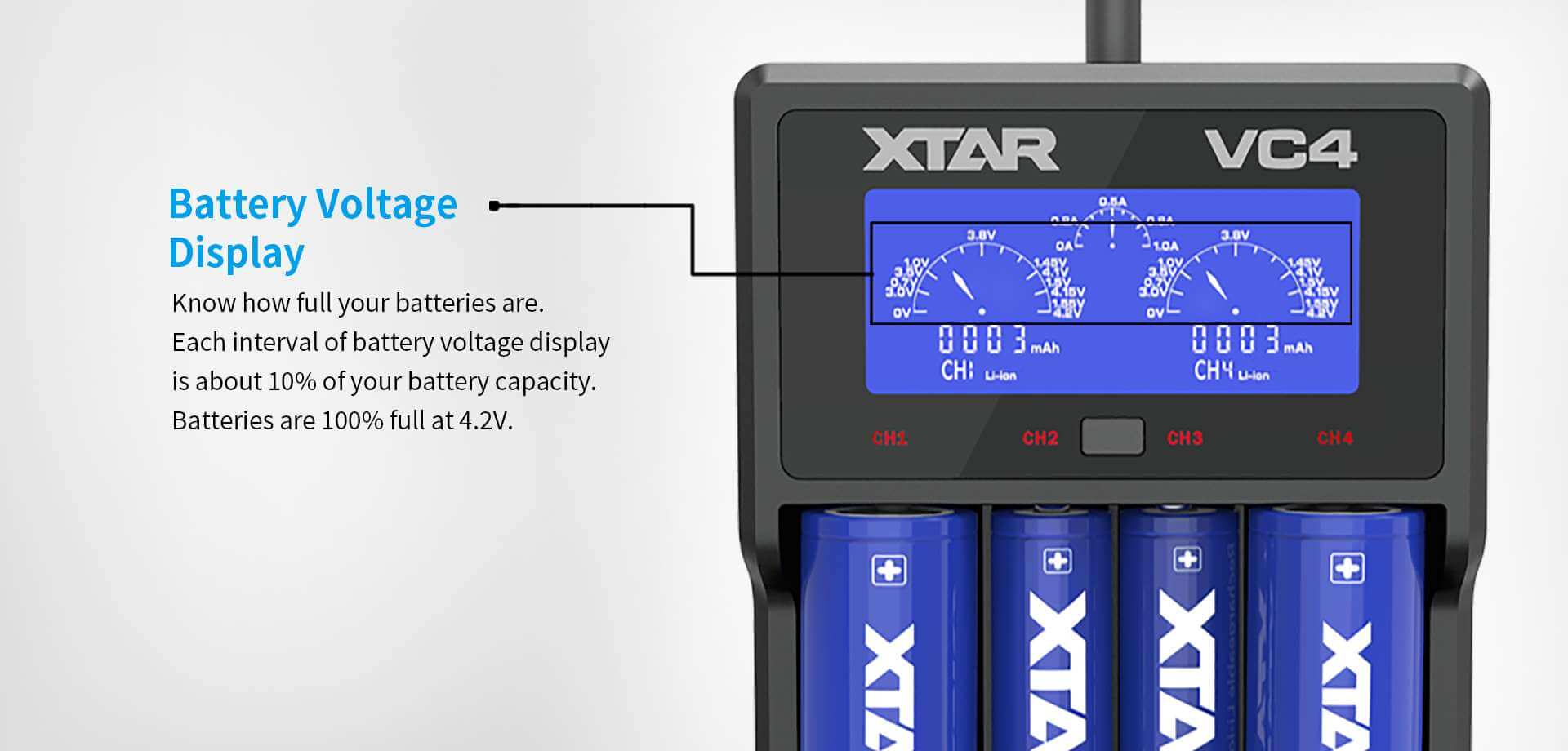 XTAR VC4 compatible con diferentes tecnologías de baterías recargables
