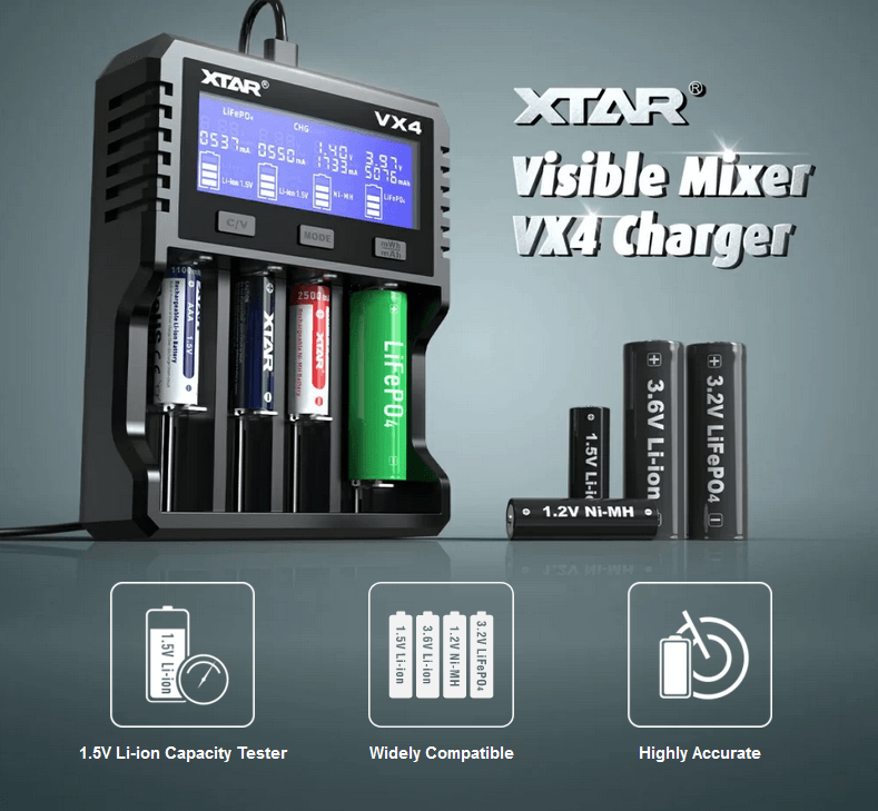 XTAR VX4 cargador compatible con diferentes tecnologías de baterías